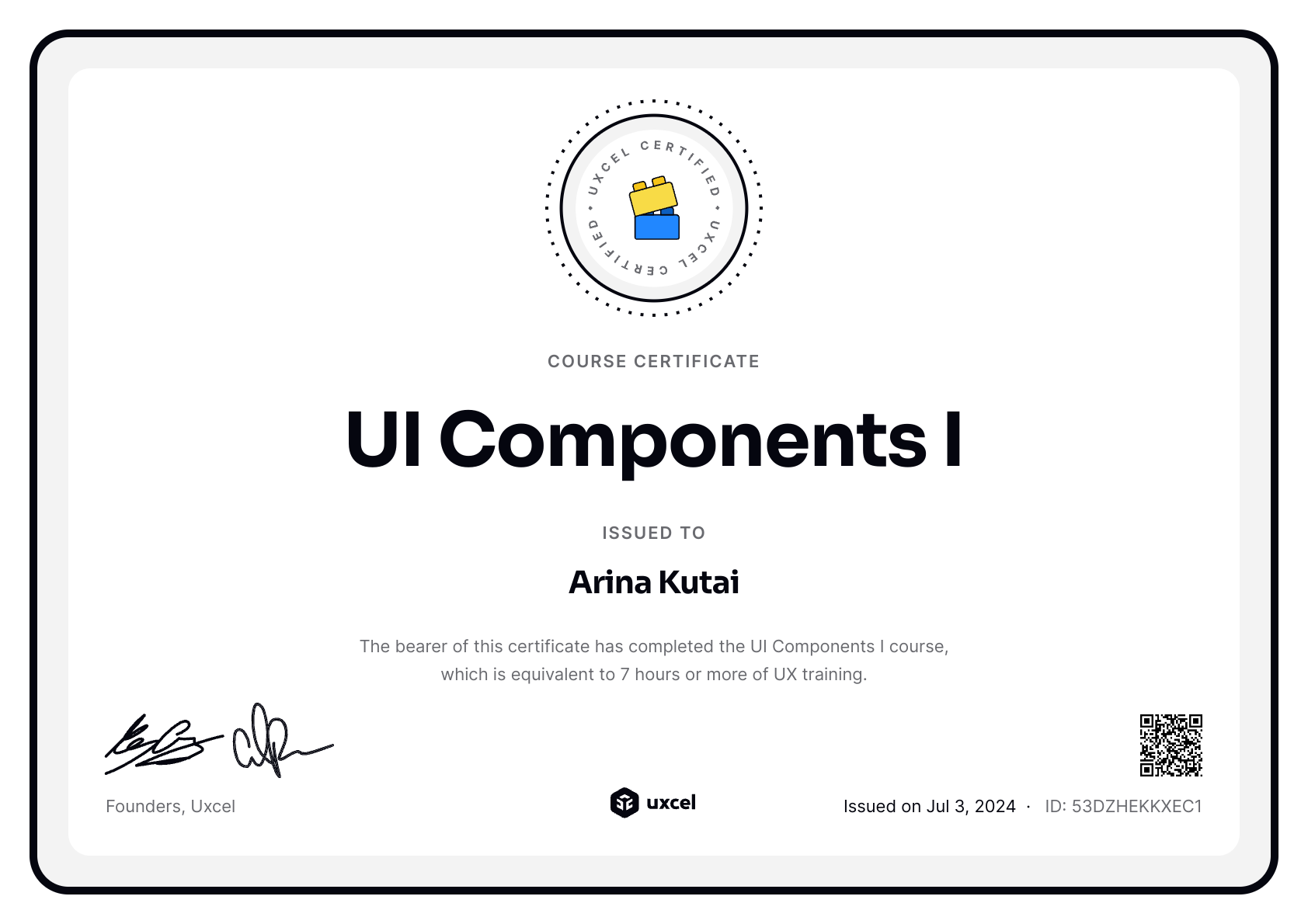 Arina Kutai's certificate